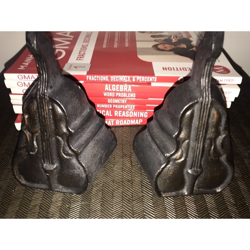 Set of 2 Heavy Bookends, Upright Bass Instrument, Decorative, Patina Finish